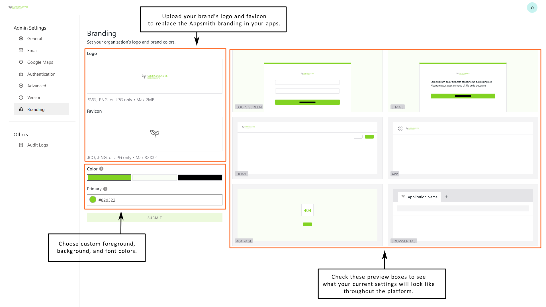 Access the branding settings within the Admin Settings area.